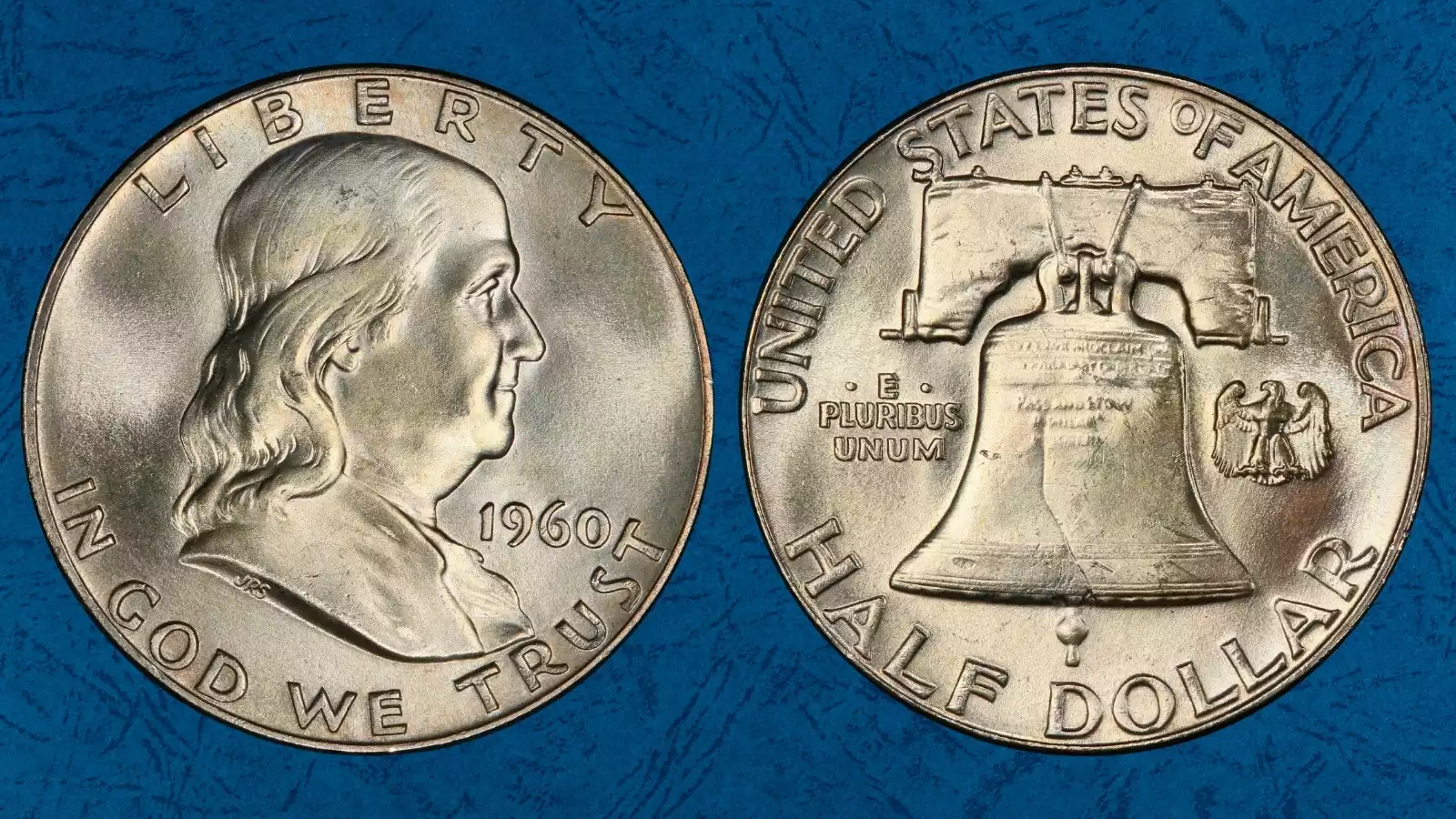 Side-by-side comparison: common 1960 Franklin half dollar (left) vs Bugs Bunny FS-401 variety (right) showing raised die clash marks near Franklin's lips