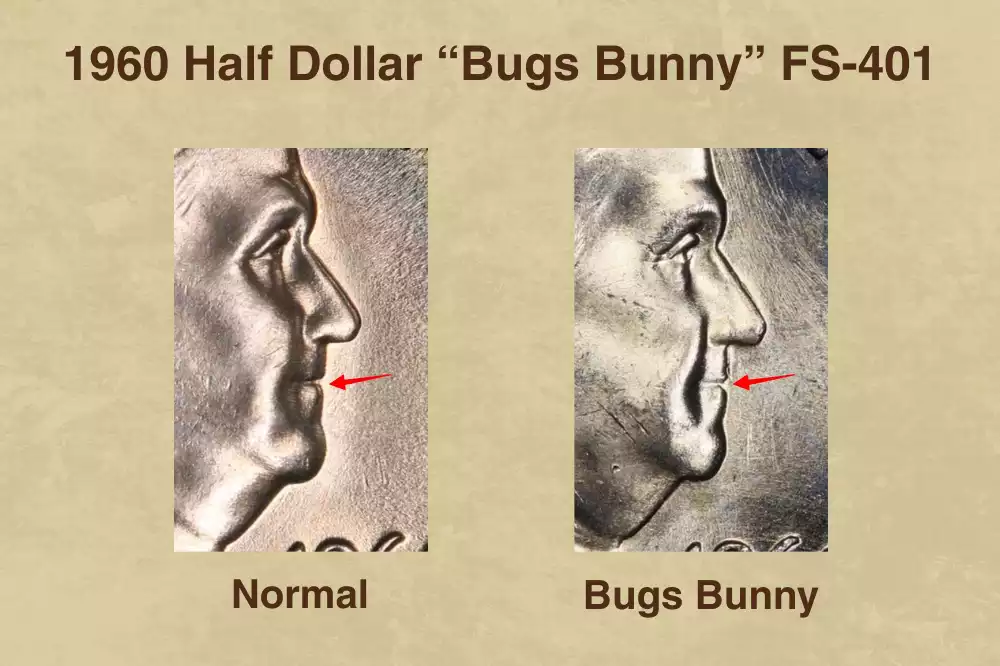 1960 Franklin half dollar Bugs Bunny FS-401 die clash — close-up of raised lines outside Franklin's lips on obverse