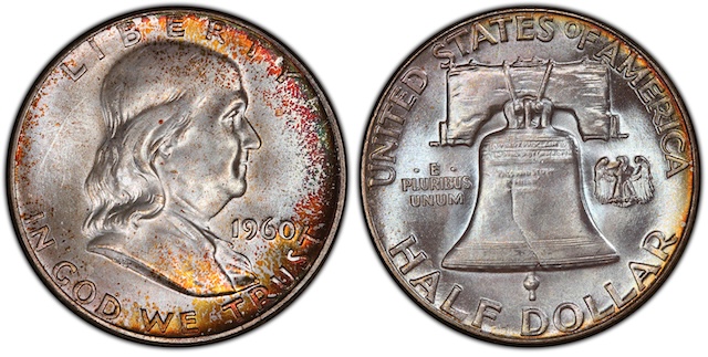 1960 Franklin half dollar reverse showing Full Bell Lines designation — two complete unbroken rows of horizontal lines at the base of the Liberty Bell