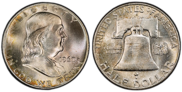 1960-D Franklin half dollar reverse showing D mint mark above Liberty Bell with Full Bell Lines — a key conditional rarity of the Franklin series