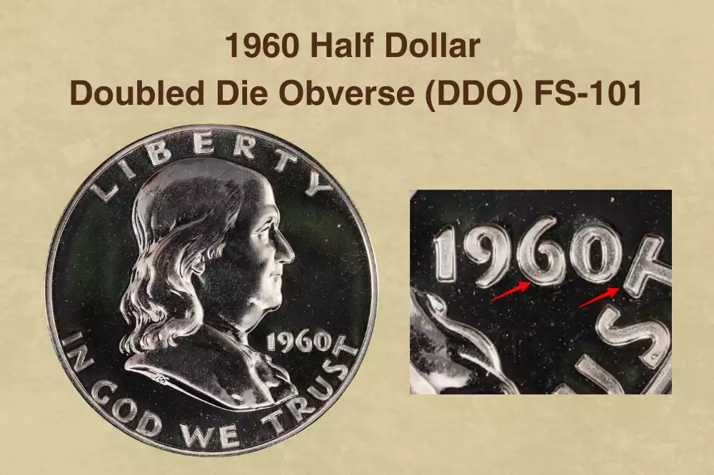 1960 Proof Franklin half dollar DDO FS-101 doubled die obverse — doubling visible on LIBERTY lettering under magnification