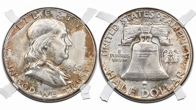 1960 Franklin half dollar group shot showing Philadelphia and Denver issues together with both obverse and reverse faces visible